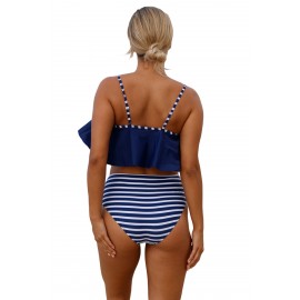 Navy Top and Striped Bottom High Waist Swimwear
