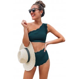 Green High Waist Scalloped Trim One Shoulder Bikini