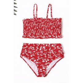 Red Floral Print Crop Top Bikini Set