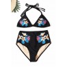 Black Embroidery Mesh Splicing High-waisted Swimsuit Bikini
