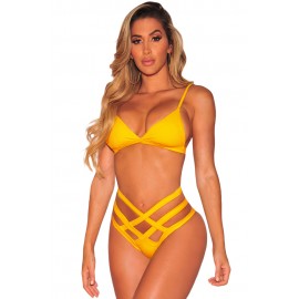 Yellow Strappy Caged High Waist Bikini Swimsuit