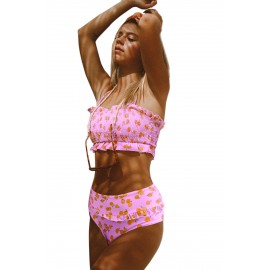Pink Floral Print Crop Top Bikini Set
