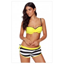 Yellow Wrinkled Bra Striped Bikini Bottom Swimsuit