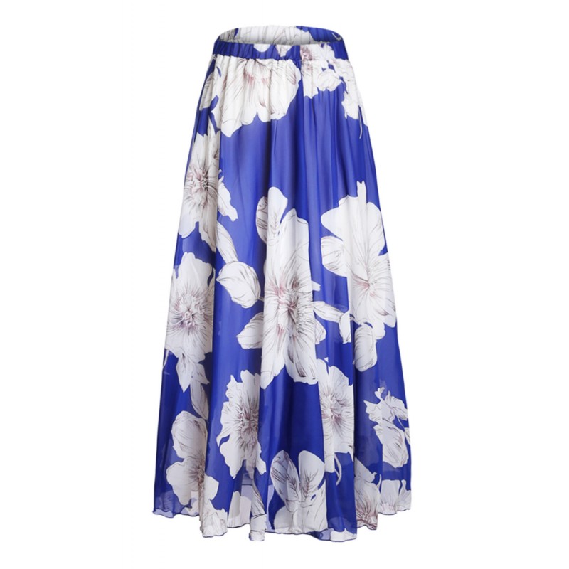 Blue Blossoming Floral Chiffon Maxi Skirt