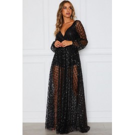 Black Glittering Checked Pattern Sheer Gown