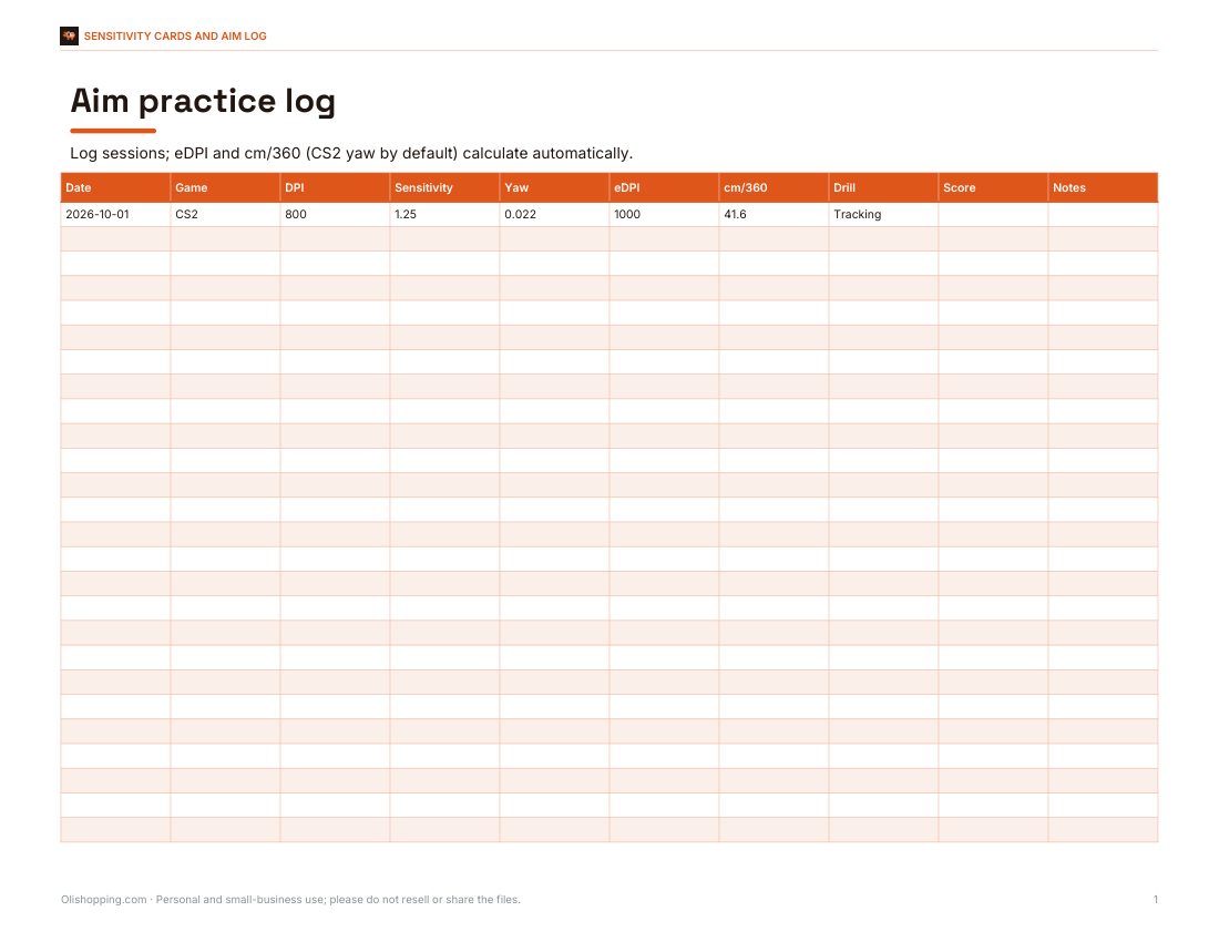 Preview of the first page of Aim log (XLSX)